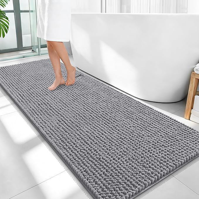 OLANLY Thick Bathroom Runner Rugs 59x24, Extra Soft Absorbent Chenille Bath Rugs, Rubber Backing, Machine Wash Dry, Long Bath Mats for Bathroom Floor, Tub and Shower, Home Decor Accessories, Grey