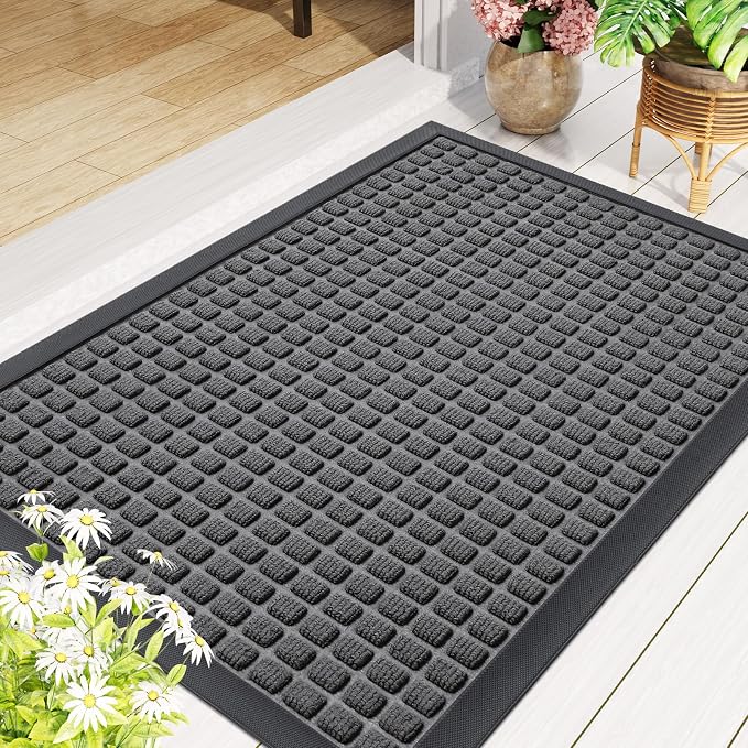 Smiry Front Door Mat Outside Entrance, Heavy Duty Natural Rubber Doormat, Non Slip, Trap Dirt and Moisture, Easy Clean, Low Profile Welcome Floor Mats for Indoor Outdoor Entry, 47x32 Inch, Grey
