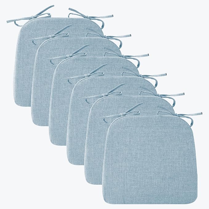 Ruqmuis Chair Cushions for Dining Chairs, 2" Thick Seat Cushions for Kitchen Chairs, D-Shaped Chair Pads with Washable Cover, Ties and Non Slip Backing, 17'' x 16'', Set of 6, Light Blue