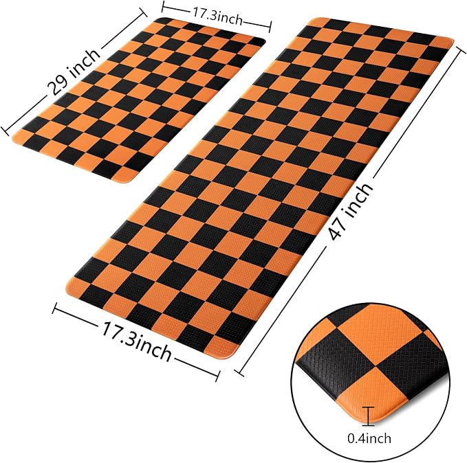 Black Orange Checkered Grid Checkerboard Kitchen Rug Sets [2 PCs], Anti-Fatigue, Waterproof Non-Slip Kitchen Mats Heavy Duty Ergonomic Comfort Foam Rug for Floor, Home,17"x29"+17"x47"