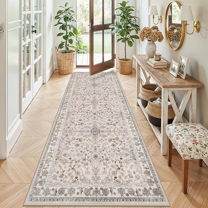 3x8 Hallway Runner Rug Washable Non-Slip – Boho Floral Soft Wide Carpet Runner for Kitchen Entryway Bathroom Bedroom – Low-Pile Thin Floor Mat with Rubber Backing (Beige,3x8)