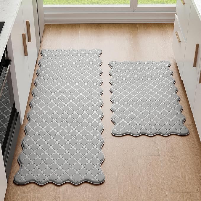 Arenarug Upgrade Scalloped Embossed Kitchen Mats for Floor 2PCS Cushioned Anti Fatigue Waterproof Foam Kitchen Rugs Non Slip Washable Comfort Standing Mat for Office Sink Laundry, Gray