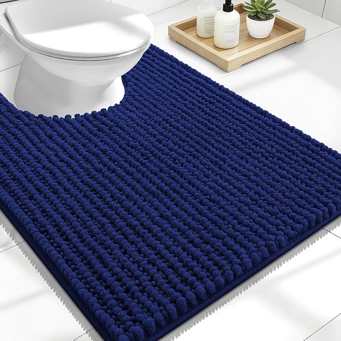 OLANLY Thick Toilet Rugs U-Shaped 24x20, Extra Soft Absorbent Shaggy Chenille Contour Bathroom Rugs for Toilet, Dry Quickly, Machine Washable, Non-Slip Bath Mat, Navy