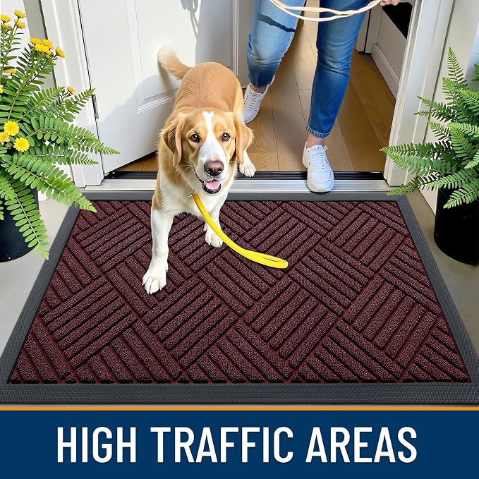 OLANLY Front Door Mat Outside Entrance 47x32, Absorbent, Heavy Duty Sturdy Natural Rubber Doormat Indoor Outdoor, Stain Fade Resistant, Non-Slip Low Profile Floor Mat for Entryway, Burgundy Diamond