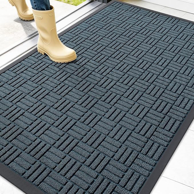 OLANLY Front Door Mat Outside Entrance 47x32, Absorbent, Heavy Duty Sturdy Natural Rubber Doormat Indoor Outdoor, Non-Slip, Stain and Fade Resistant, Low Profile Floor Mat for Entryway, Lake Blue