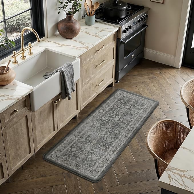PureCozy Kitchen Mats 2PCS Anti Fatigue Cushioned Mat Black Vintage Kitchen Mats for Floor Waterproof Non Slip Comfort Standing Distressed Rug for Sink Laundry Office 17.3"x47"+17.3"x30"