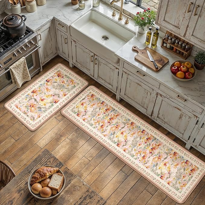 Anti Fatigue Kitchen Mats 2PCS Thick Non Slip Cushioned Rugs Beige Abstract Floral Waterproof Comfort Standing Mats for Floor Sink Laundry Office 17.3"×59"+17.3"×30"