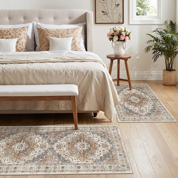 Madane 2-Piece Kitchen Runner Rug Set, Small Area Rug Non-Slip Vintage Door Mat Indoor Entrance, Low Pile Floor Carpet for Inside Front Door Bedroom Entryway Entry Laundry (2x3+2x4, Turmeric/Grey)