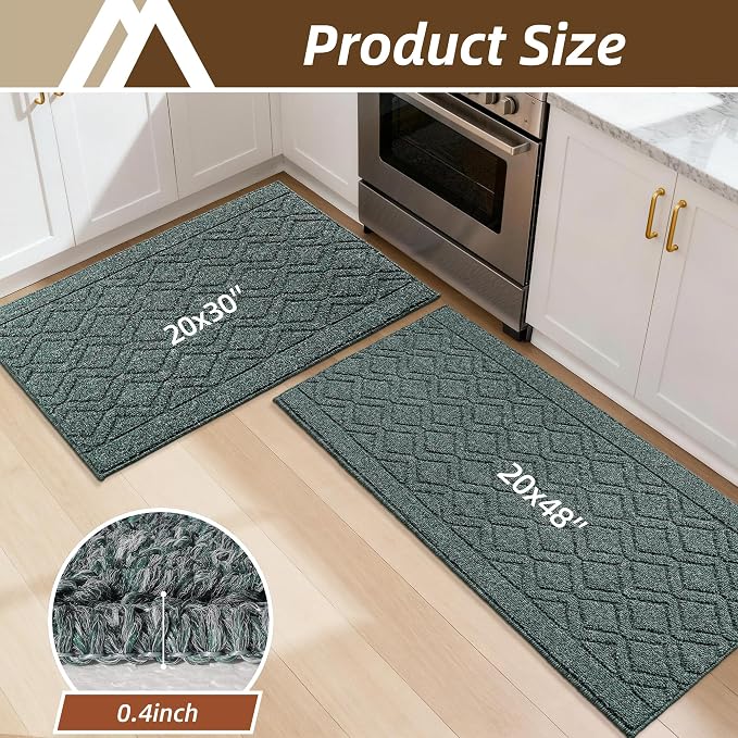 COSY HOMEER Kitchen Rugs Sets 2PCS,Non-Slip Washable Kitchen Mats for Floor,Absorbent and Stain Resistant Kitchen Runner Rugs for Kitchen Sink Laundry Entryway,20"x30"+20"x48",Heather Green