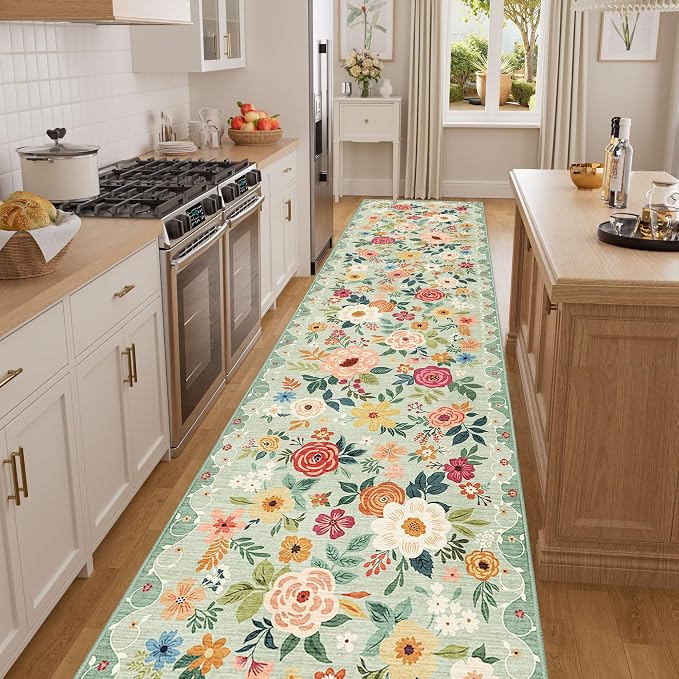DUKINO 2.6x14 Kitchen Runner Rug, Lightweight Floral Washable Rug for Hallway, Boho Low Pile & Non Slip Backing Soft Floor Carpet for Entryway, Bedroom, Bathroom, Laundry, Green