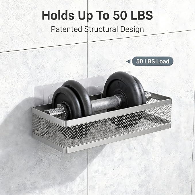 PUSDON Mesh Shower Caddy Wall Mount, Heavy Duty Adhesive Bathroom Shelf Organizer, Rustproof Floating Spice Rack for Kitchen Pantry, Holds 50 LBS, Multi-Purpose Storage Silver Gray -2 Packs (Netting)