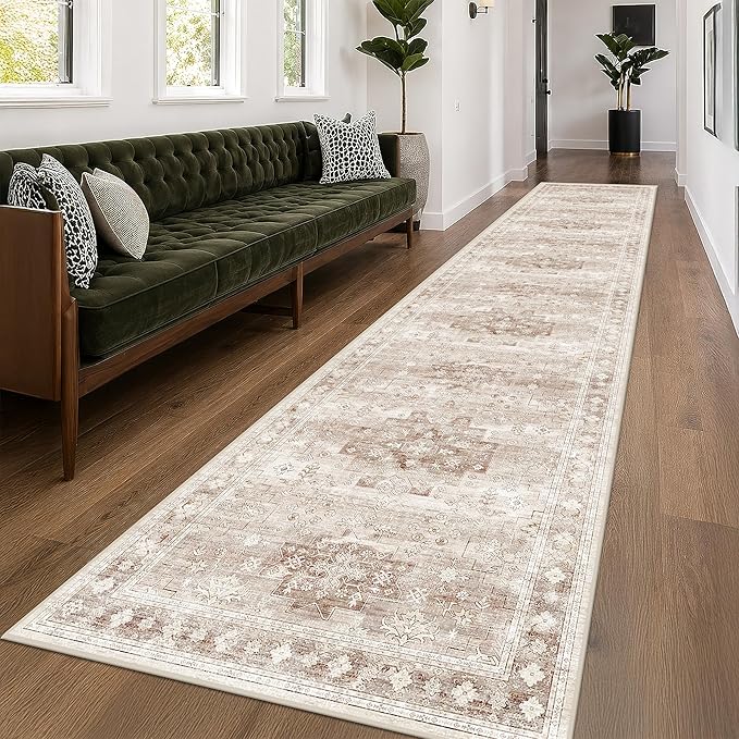 Hazo Haus Beige Boho 3x16 Extra Long Runner Rug for Hallway, Washable Large Kitchen Floor Rug, Non-Slip Stain & Fade Resistant, Vintage Charming Geometric Floral Décor (3x16 Beige/Latte)