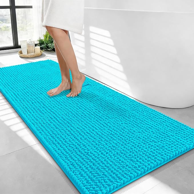 OLANLY Thick Bathroom Runner Rugs 44x24, Extra Soft Absorbent Chenille Bath Rugs, Rubber Backing, Machine Wash Dry, Long Bath Mats for Bathroom Floor, Tub and Shower, Home Decor Accessories, Aqua Sky