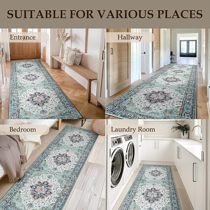 RELEANY Area Rugs Runner 2'x10' Washable Non-Slip, Floral Vintage Distress Medallion Carpet for Kitchen Hallway Bedroom Beside Laundry Room Bathroom, Green Navy Blue White Red Teal