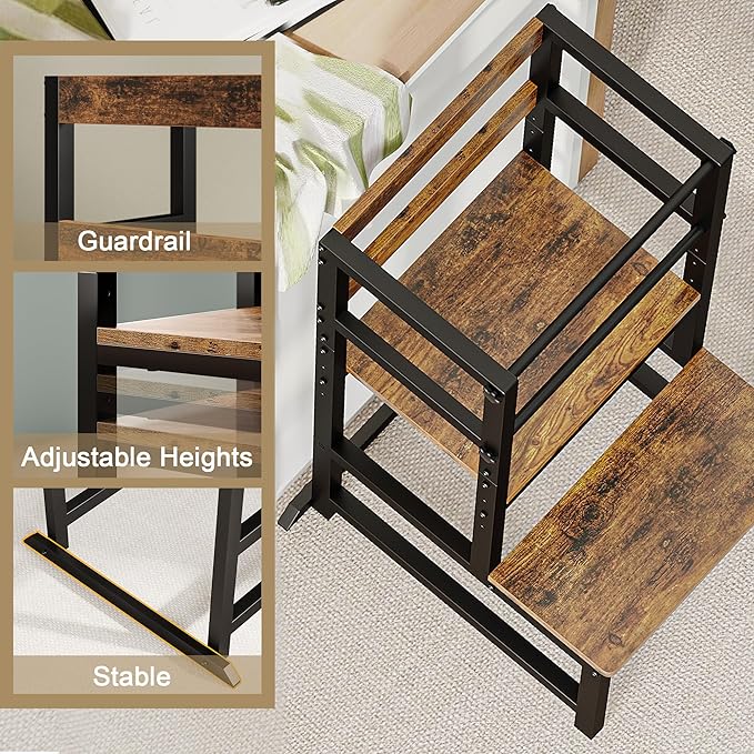 INNOD Kitchen Step Stool for Toddlers, Height Adjustable Toddler Tower with Safety Rail, Steel and Wood Toddler Kitchen Stool Helper Kids, Stool for Kids, Learning Tower, Kids' Desk Brown