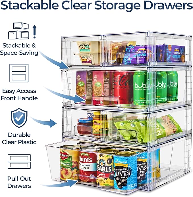 Sorbus Stackable Clear Storage Drawers, 6 Pack (2 Wide + 4 Small) Pull-Out Organizer Bins – Plastic Drawer Organizers for Bathroom, Vanity, Makeup, Under Sink & Countertop Organization