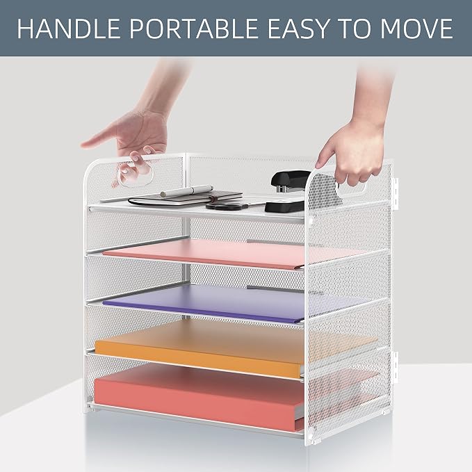 Supeasy 5 Trays Paper Organizer Letter Tray with Handle-Mesh Desk File Holders, Paper Sorter Desk Organizer for Office, Home, Classroom or School, White