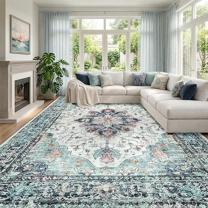 RELEANY Area Rugs Large 10'x14' Washable Non-Slip, Floral Vintage Distress Medallion Carpet for Living Room Bedroom Dining Room, Green Navy Blue White Red Teal