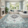 RELEANY Area Rugs Large 9'x12' Washable Non-Slip, Floral Vintage Distress Medallion Carpet for Living Room Bedroom Dining Room, Green Navy Blue White Red Teal