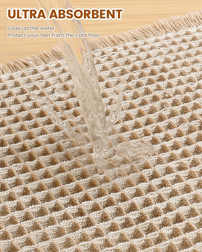 Smiry Waffle Bath Mat 59x35, Extra Soft Absorbent Bathroom Rugs, Non Slip Machine Washable Quick Dry Bath Rugs for Bathroom Floor, Tub, Shower, Home Decor Accessories, Brown & Cream