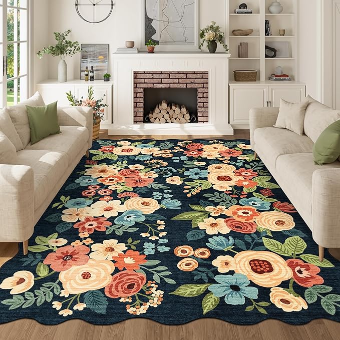 DUKINO 6x9 Area Rug, Floral Washable Rugs for Living Room with Non Slip Backing & Non-Shedding, Lightwight Low Pile Boho Design Large Carpets for Bedroom, Living Room, Dining Room, Navy Blue