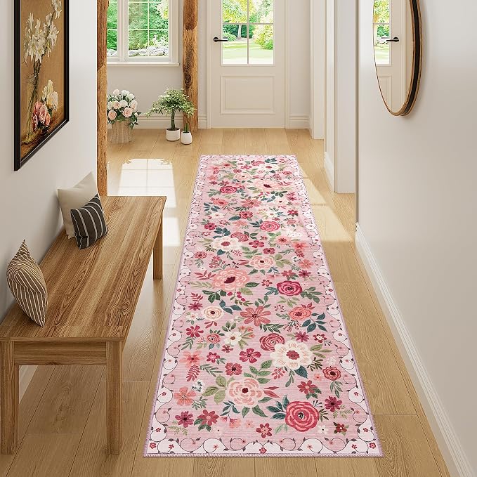 DUKINO Runner Rug, 2x7 Boho Kitchen Rug for Hallways with Low Pile Design, Washable Non Slip Backing Soft Floral Runner for Kitchen, Hallway, Entryway, Bedroom, Laundry, Pink