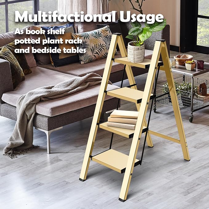 Taranta 4 Step Ladder,Aluminum Lightweight Folding 4 Step Stool with Anti-Slip Wide Pedal,330lbs Capacity Step Ladder for Household,Kitchen,Office - Gold