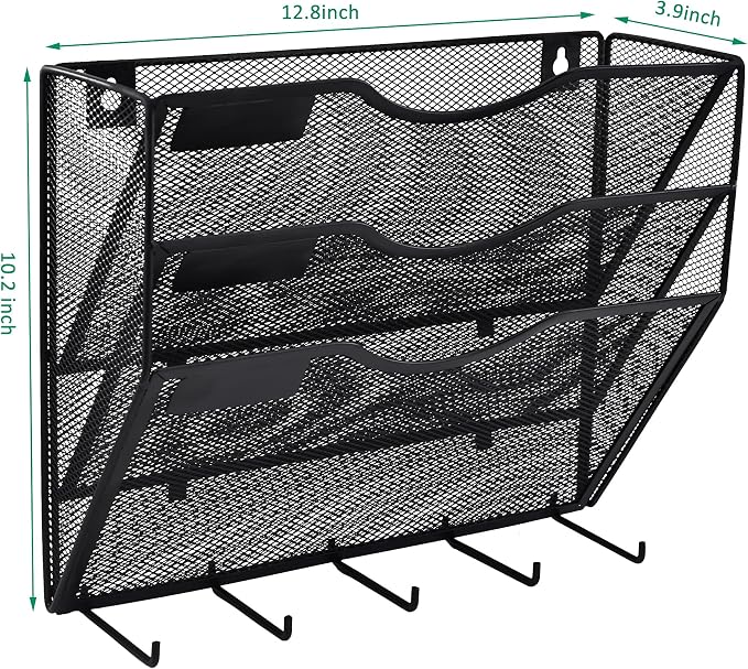 EASEPRES 3 Pocket Mesh Hanging File Organizer with Key Holder Hooks & Nametag Label, Wall Mounted Mail Paper Document Folder Clipboard Storage Organization Magazine Rack for Office Cubicle, Black