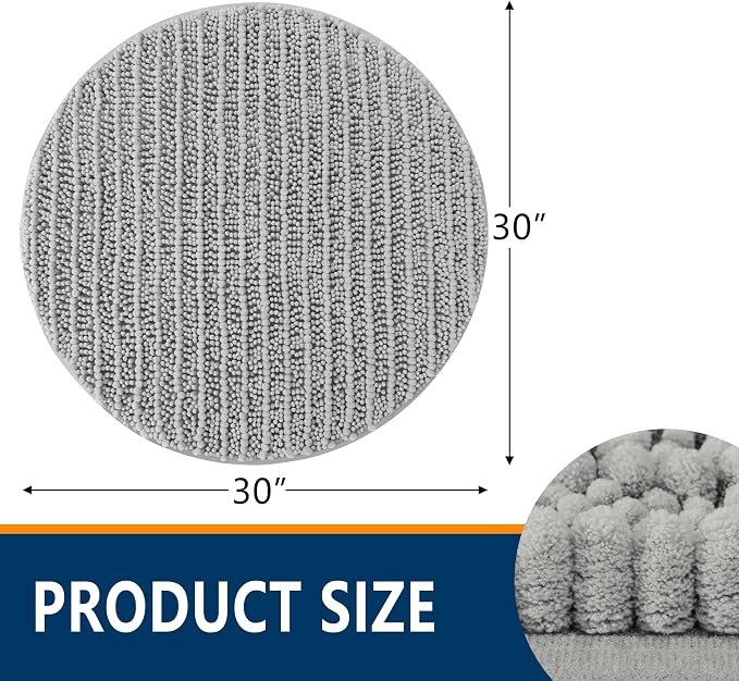 Smiry Bathroom Rugs Mat Round 30x30, Soft Absorbent Chenille Bath Rugs, Non Slip Rubber Backing Machine Washable Quick Dry Bath Mats for Bathroom Floor, Tub, Shower, Home Accessories, Light Grey