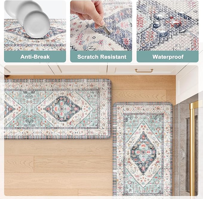 KIMODE Anti Fatigue Kitchen Mats,Boho Vintage Kitchen Rugs Sets of 2,Non Slip Waterproof Kitchen Floor Mats,Ergonomic Cushioned Comfort Standing Mat for Laundry,Office,Sink,Desk,Blue