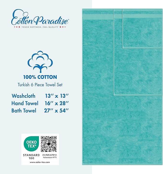 Cotton Paradise 100% Cotton Turkish Towel Set, Soft Absorbent Quick Dry, 6 Piece Towel Set, Turquoise