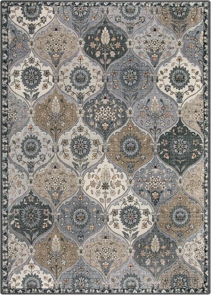 Lahome Moroccan Trellis Washable Area Rug, 5x7 Rugs for Living Room Indoor Non-Slip, Large Oriental Accent Throw Carpet for Bedroom Entryway Bathroom Office Elise, Grey