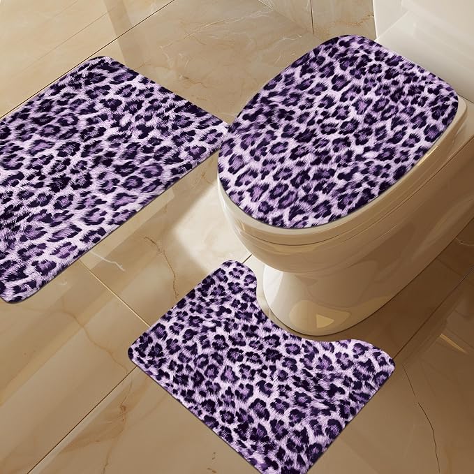 4 PCS Black Purple Leopard Shower Curtain Set 72Wx72H,Toilet Lid Cover,Non-Slip Rugs and U-Shaped Mat,Wild Cheetah Bathroom Sets with Rugs Shower Accessories 12 Hooks for Bathroom Decor