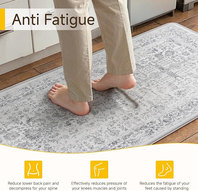 PureCozy Kitchen Mats 2PCS Anti Fatigue Cushioned Mat Black Vintage Kitchen Mats for Floor Waterproof Non Slip Comfort Standing Retro Floral Rug for Sink Laundry Office 17.3"x47"+17.3"x30"
