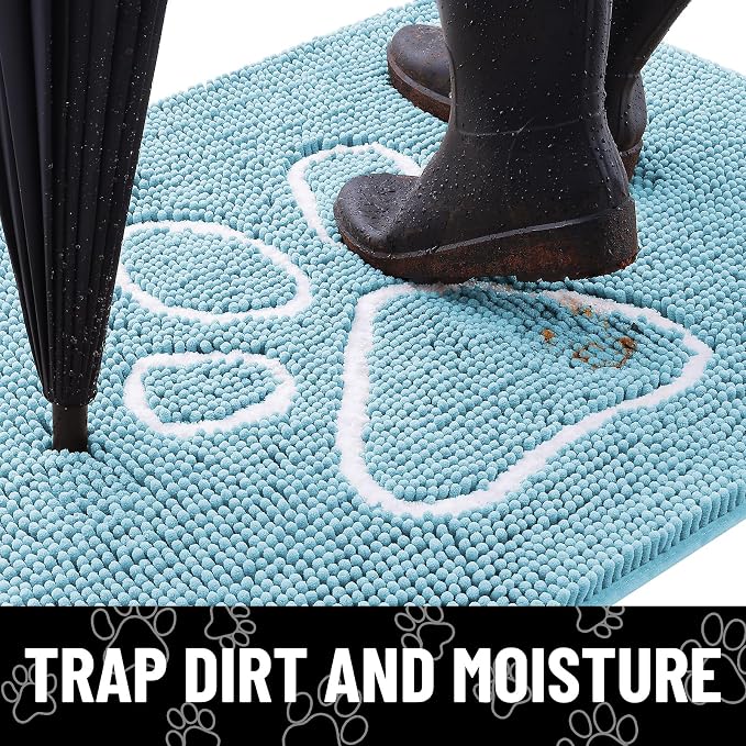 Smiry Dog Door Mat for Muddy Paws, Absorbent Dirt Trapper Non Slip Quick Dry Washable Chenille Mat for Mud Dogs, Entry Rug for Indoor and Outdoor (36x24 Inches, Sky Blue and White)
