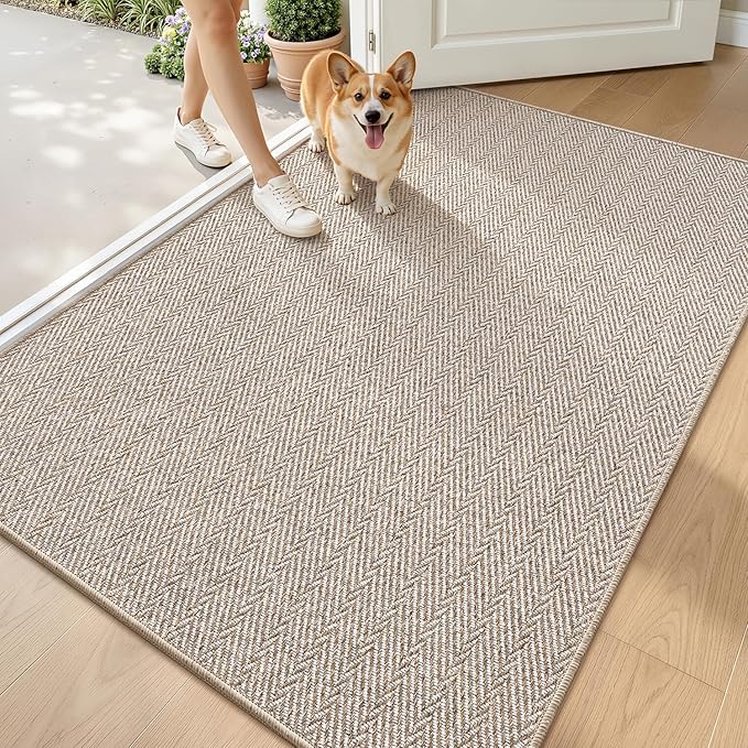 LUMI Ultra Thin Indoor Door Mat for Entrance 48"x72", Non Slip Entryway Mat, Low Profile Doormat, Unique Herringbone Design Carpet for Inside, Patio, Porch, Beige
