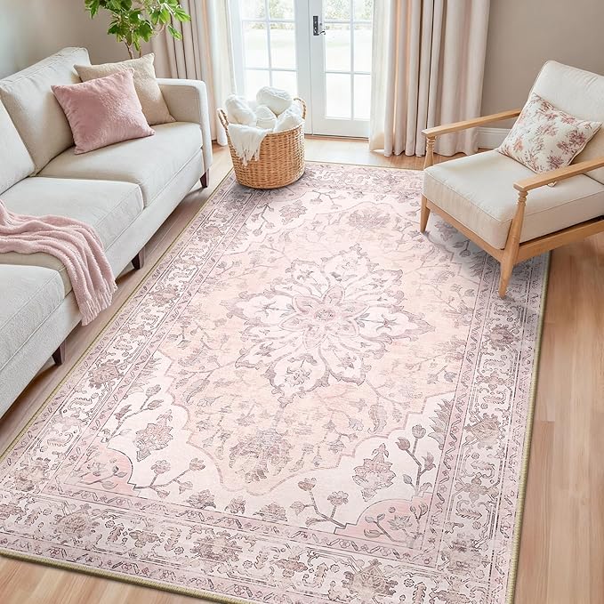 RELEANY Area Rugs 5'x8' Washable Non-Slip, Floral Vintage Distress Medallion Carpet for Living Room Bedroom Dining Room, Pink Greypink Cute