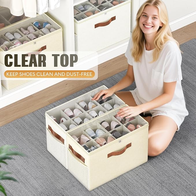 Budding Joy 2 Pack Shoe Organizer for Closet, Clear Foldable Shoe Storage Containers Adjustable Dividers Fits 16 Pairs,Shoe Storage Bins Baskets Boxes with Reinforced Handles Beige Yellow Beige