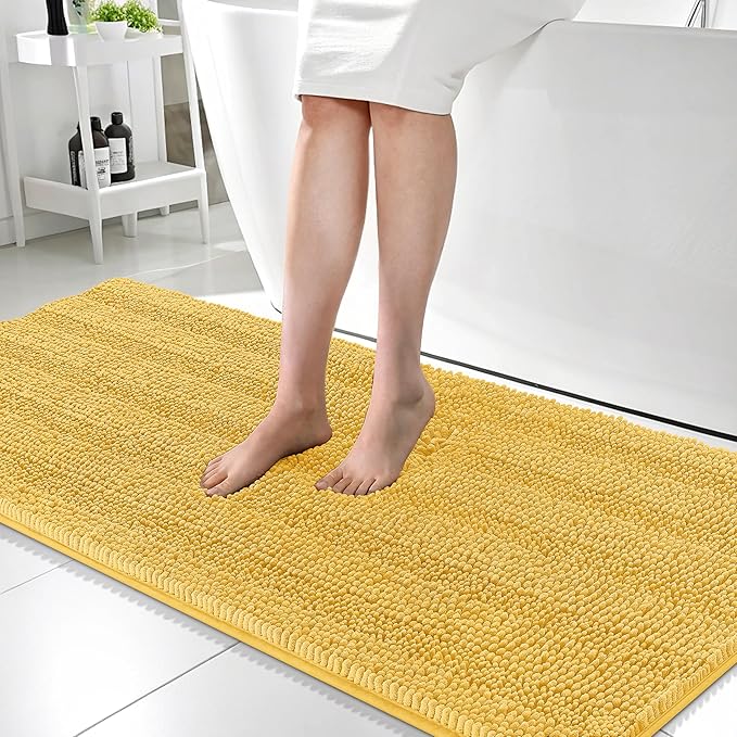 OLANLY Thick Bathroom Runner Rugs 47x24, Extra Absorbent Chenille Striped Bath Rugs, Rubber Backing, Machine Wash Dry, Long Bath Mats for Bathroom Floor, Tub and Shower, Home Decor Accessories, Yellow