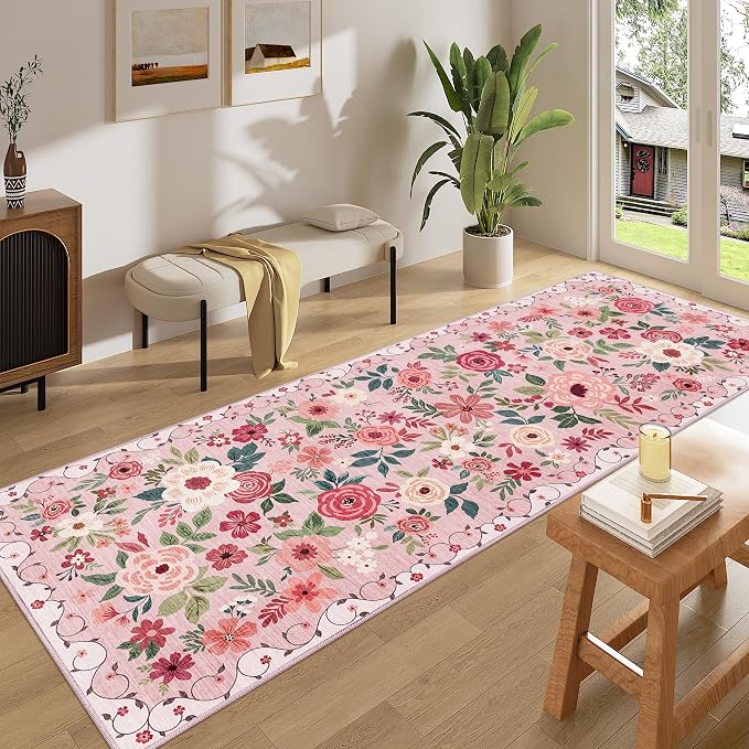 DUKINO 3x8 Runner Rug, Washable Rug for Kitchen with Non Slip Backing, Soft Non Shedding & Low Pile Design Long Floor Carpet Runner for Hallway, Bathroom, Entryway, Laundry, Pink