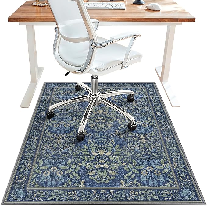 48"x72" Office Chair Mat for Hardwood Tile Floor, Under Desk Carpet Protector for Rolling Computer Chair Mat, Machine Washable Area Rug, Anti-Slip 1/5" Thick Low Pile Thin Vinyl Floor Mat, Dark Blue