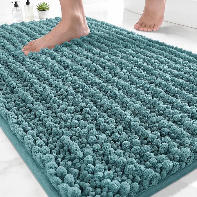 Yimobra Bathroom Rugs Non Slip Washable 24x17 Inch - Ultra Soft Absorbent Chenille Bath Mat, Quick Dry Shaggy Floor Carpet for Tub Shower, Teal Blue Home Decor Accessories