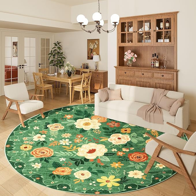 DUKINO Floral Round Rug, 6ft Washable Circle Rug, Non Slip Indoor Low Pile Circle Rug, Soft Small Boho Design Carpet for Bedroom, Entryway, Living Room, Dining Room, Dark Green