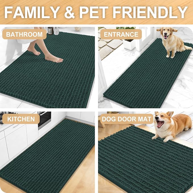 OLANLY Long Bathroom Rugs Runner 59x20, Thick Soft and Absorbent Chenille Bath Mat, Non-Slip, Machine Washable Quick Dry Bath Rugs for Tub Shower Floor, Home Decor Accessories, Blackish Green