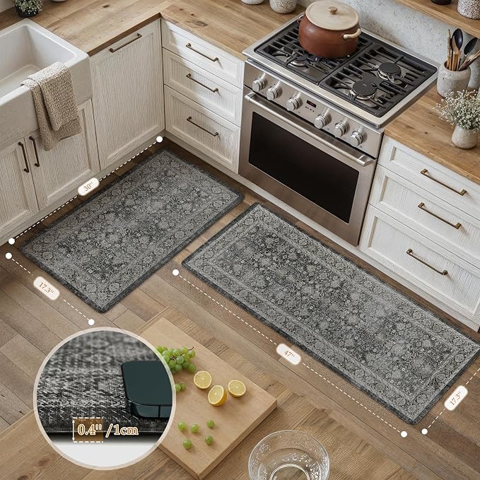 PureCozy Kitchen Mats 2PCS Anti Fatigue Cushioned Mat Black Vintage Kitchen Mats for Floor Waterproof Non Slip Comfort Standing Distressed Rug for Sink Laundry Office 17.3"x47"+17.3"x30"