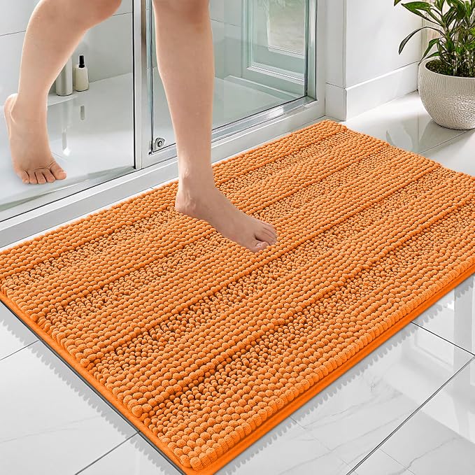 OLANLY Thick Bathroom Rugs 36x24, Extra Soft Absorbent Chenille Striped Bath Rugs, Rubber Backing, Machine Wash Dry, Bath Mats for Bathroom Floor, Tub and Shower, Home Decor Accessories, Orange