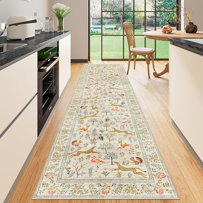 DUKINO Washable 2.6x10 Runner Rug, Non Slip Animal Print Runner Rug for Hallway, Vintage Low Pile & Stain Resistant Soft Indoor Carpet Runner for Kitchen, Bathroom, Laundry, Bedroom, Beige