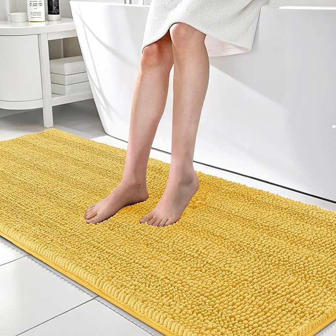 OLANLY Thick Bathroom Runner Rugs 70x24, Absorbent Chenille Striped Bath Rugs, Rubber Backing, Machine Wash Dry, Extra Long Bath Mats for Bathroom Floor, Tub and Shower, Home Decor Accessories, Yellow