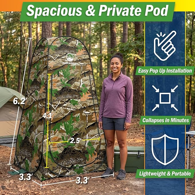 Wakeman Pop Up Changing Tent, 3.3 x 3.3 x 6.2ft, Camping Shower Tent for Portable Toilet Stall or Dressing Room with Carry Bag for Camping, Beach, or Tailgate, Polyester