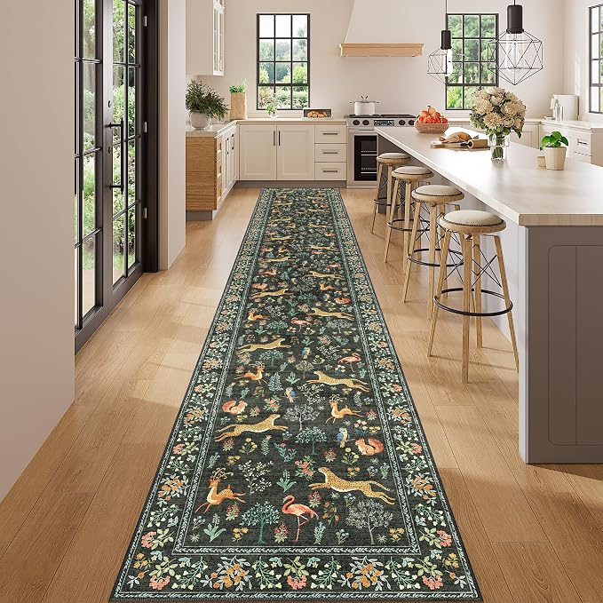DUKINO 2.6x14 Hallway Runner Rug, Vintage Washable Long Kitchen Rug with Non Slip Backing, Stain Resistant & Low Pile Animal Print Floor Carpet for Indoor Entrance Bathroom, Laundry, Bedroom, Black